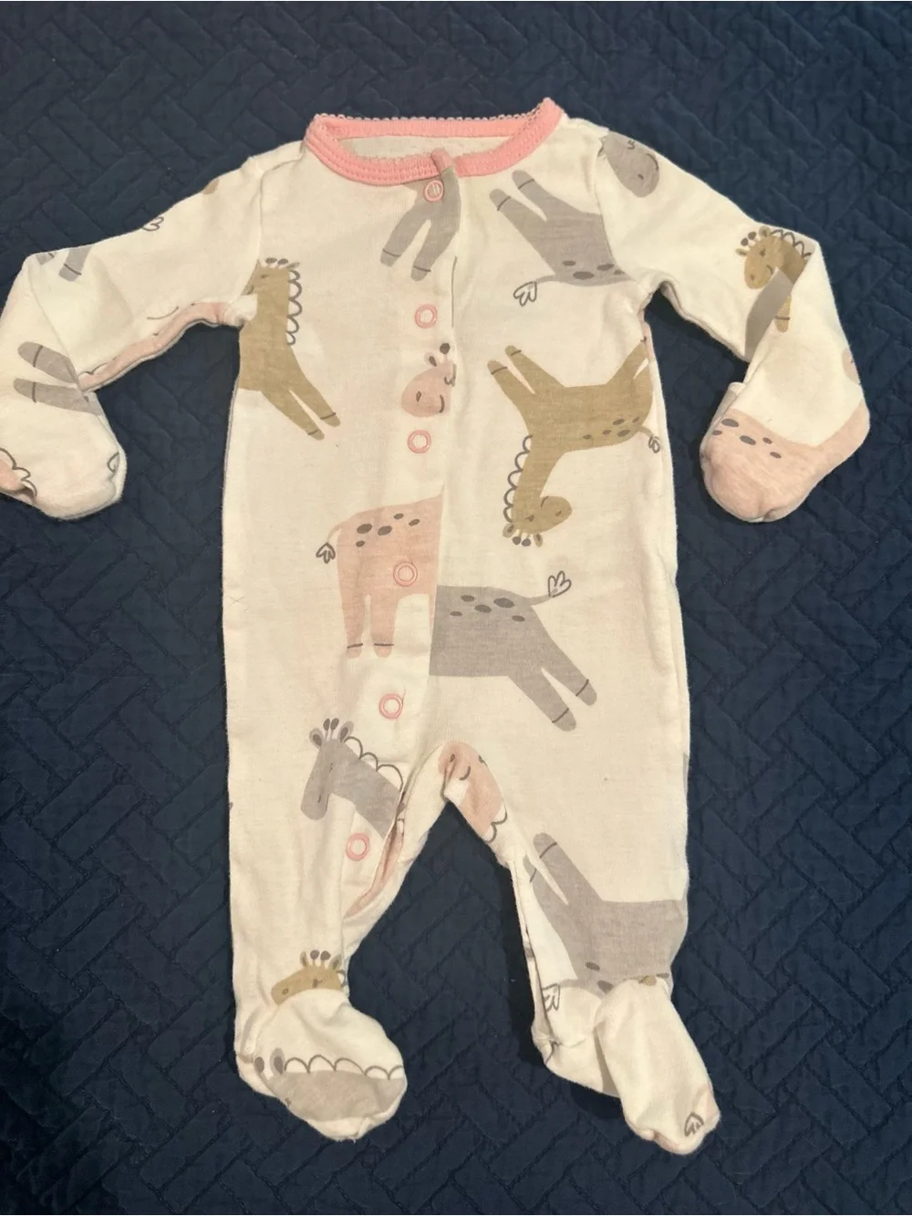 Carter's Cream Giraffe Footed One-Piece Cotton with Pink Trim Newborn